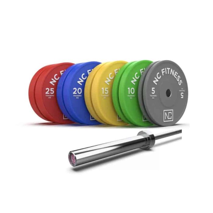 150kg Coloured Olympic Bumper Plates and 15kg Hard Chrome Barbell