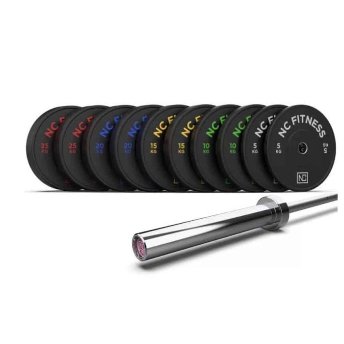 Olympic Bumper Plates (150Kg) + Barbell (15Kg) Set in Black