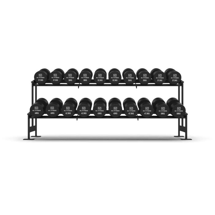 Commercial grade black PU Dumbbell Set shown setup on a rack from front on